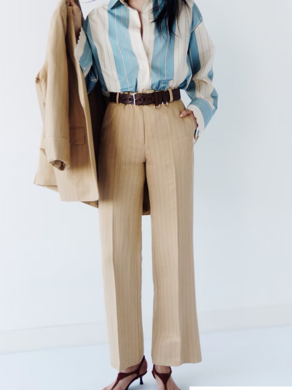 H&M Beige Pinstripe LINEN-BLEND DRESS PANTS